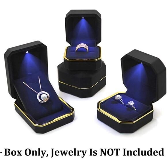 Luxury Ring Box, Square Velvet Wedding Ring Case Jewelry Gift Box with LED - Picture 5 of 6